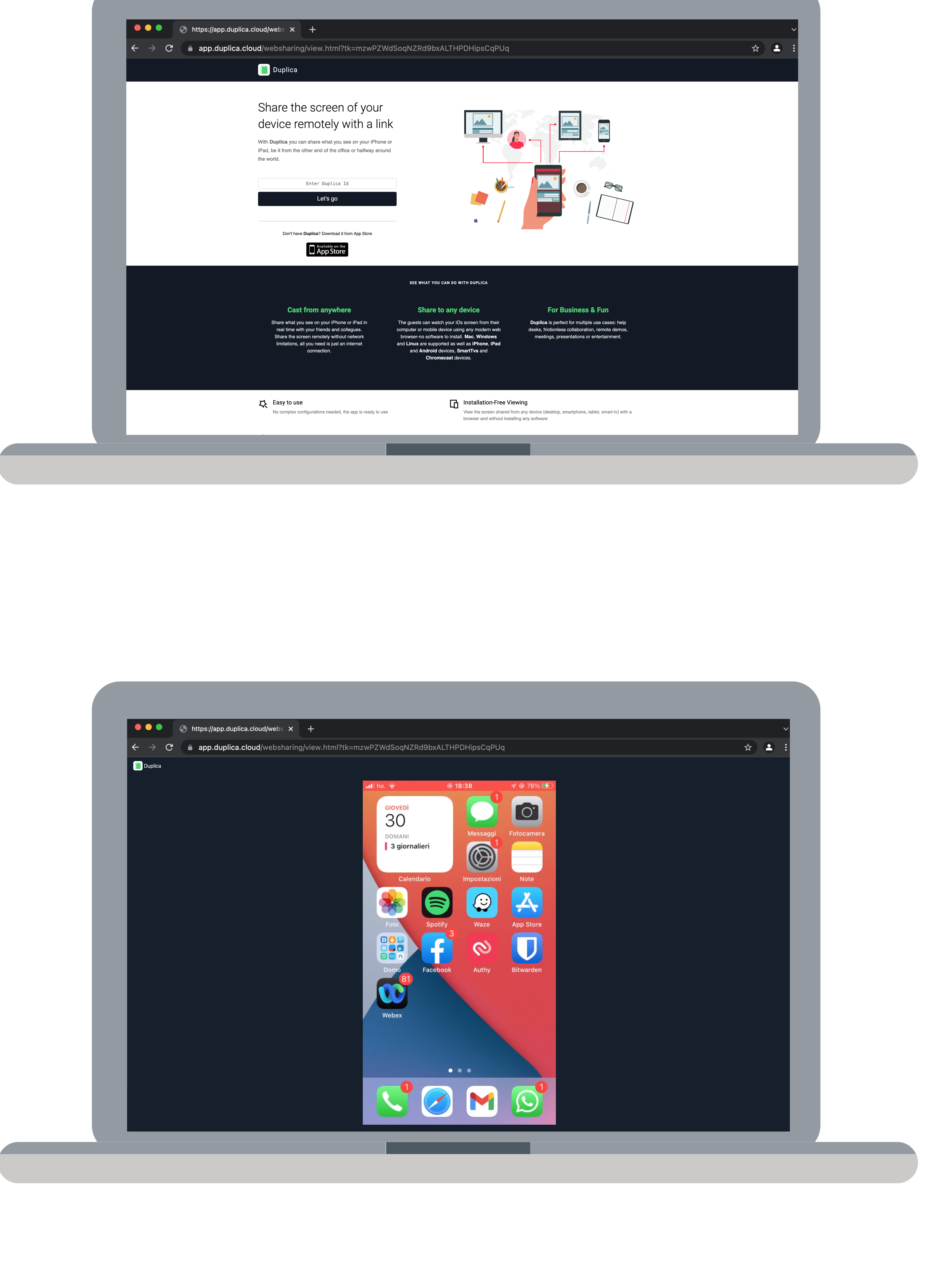 View a shared iPhone screen in a web browser