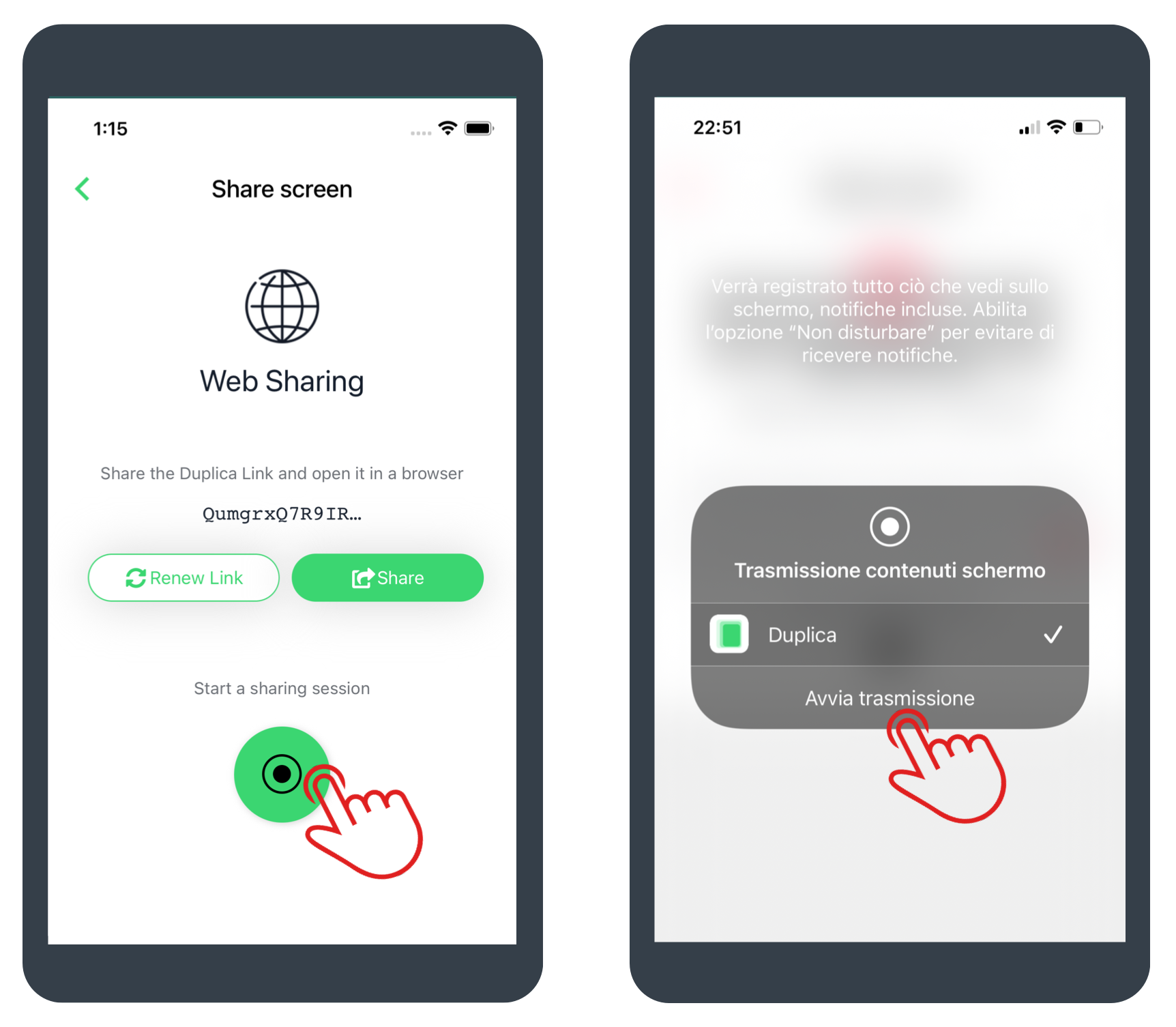 Start your iPhone screen broadcast in Duplica